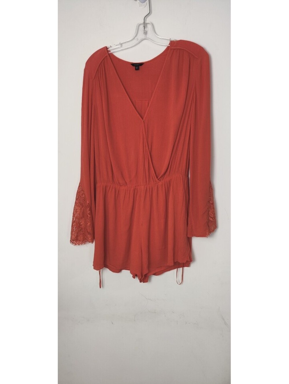 Guess Terracotta Rust Orange V-Neck Bell Sleeve Lace Trim Romper Jumpsuit XL